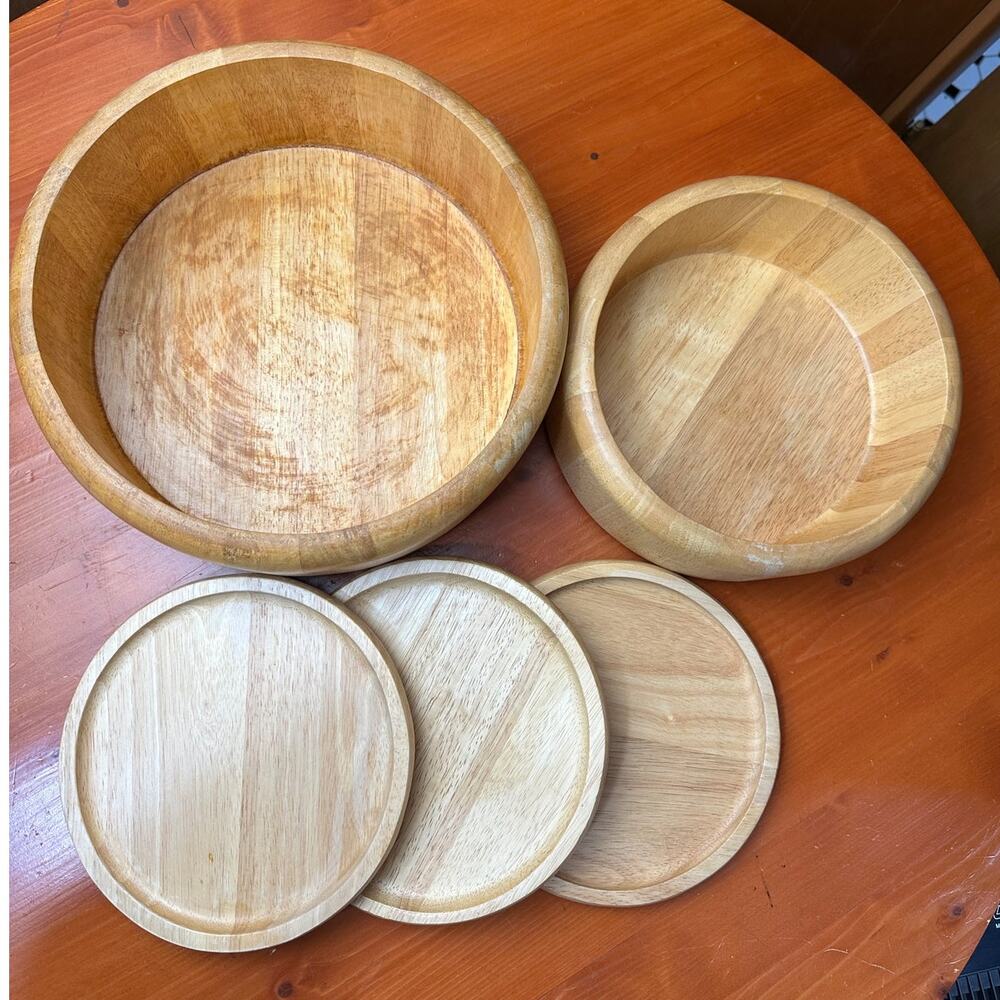 Vintage Stacking Set of 2 Wooden Bowls (12 x 5 & 9 x 3.5) and 3 Plates (8 x .5)